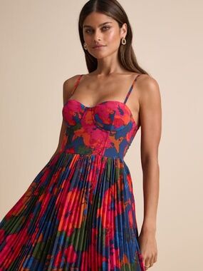 Lulus Dorothy Dark Blue Multi Floral Print Pleated Midi Dress - Size S